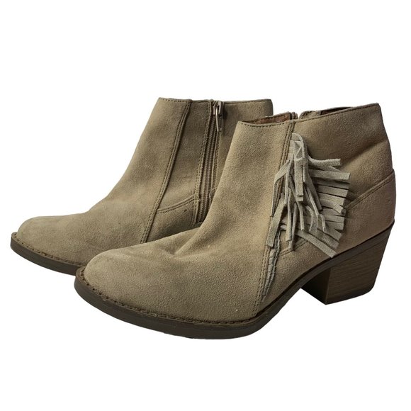 Mossimo Faux Suede Western Ankle Boots 7.5 Taupe Side Zipper Fringe Block Heel - Picture 5 of 9